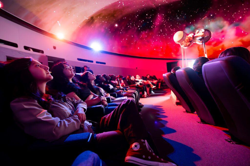 Students at the Hallstrom Planetarium gaze at a stunning projection during one of the facility's immersive astronomy shows.