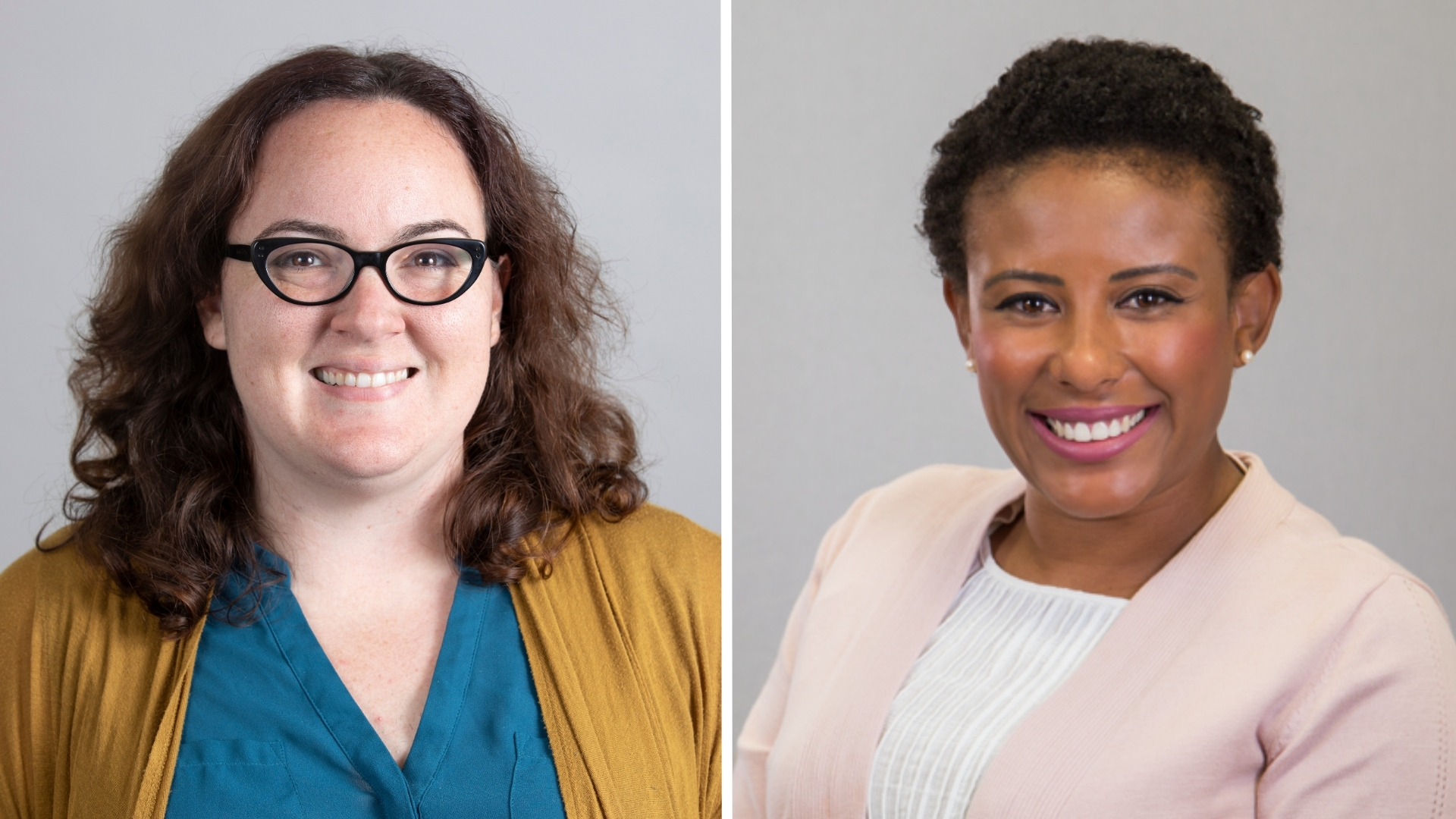 Side-by-side portraits of two women against neutral backgrounds. The woman on the left has wavy brown hair, glasses, and is wearing a teal top with a mustard cardigan. The woman on the right has short curly hair and is wearing a light pink blazer over a white blouse, smiling at the camera.