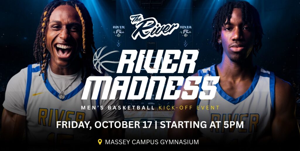 Promotional graphic for Indian River State College’s “River Madness” men’s basketball kick-off event featuring two players in River uniforms, scheduled for Friday, October 17 at 5 p.m. at the Massey Campus Gymnasium.