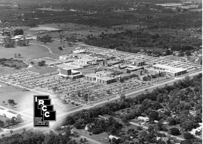 A black and white photo of Indian River Community College's main campus in Fort Pierce in 1983.