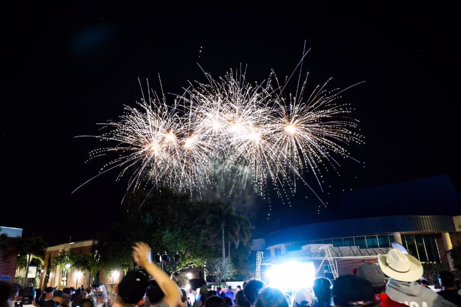 A crowd of people gathered outdoors at night watching a spectacular fireworks display bursting in white and gold against a dark sky, with trees and buildings visible in the background. A person wearing a cowboy hat is visible in the foreground.