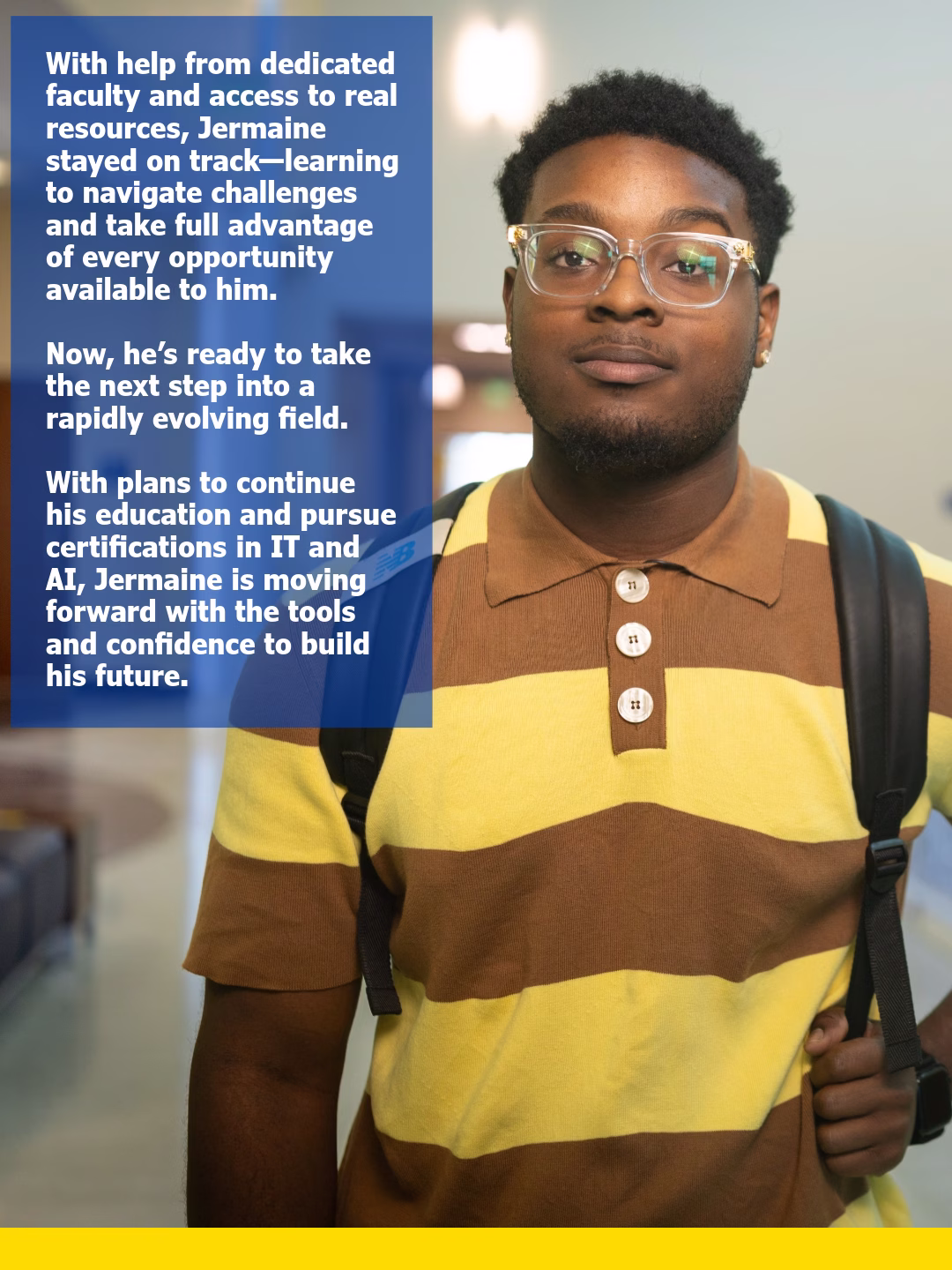 Jermaine Johnson, Indian River State College graduate, posed portrait on campus
